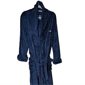 Tommy Bahama plush bathrobe men's size S/M navy belted patch pockets warm cozy